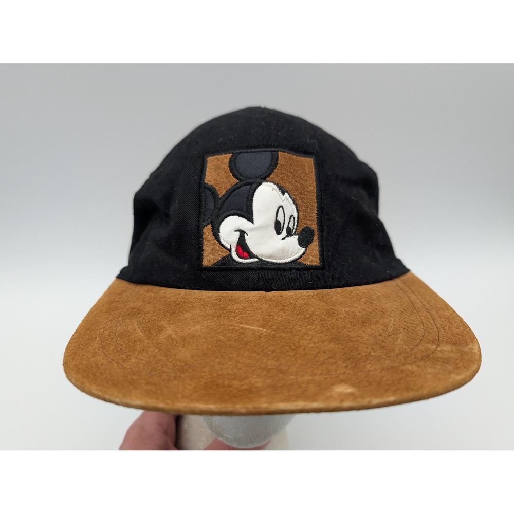 Disney Mickey Mouse 5 Panel Hat Black Cotton Brown Leather Brim Elastic Back